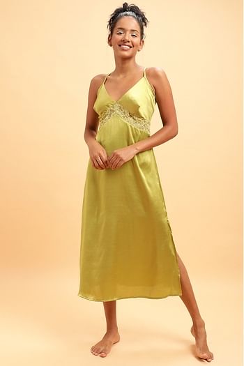 Front listing image for Chic Basic Long Night Dress in Lime Green - Satin