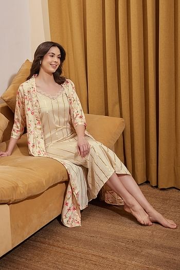 Front listing image for Chic Basic Long Night Dress & Pretty Florals Robe in Cream Colour - Satin