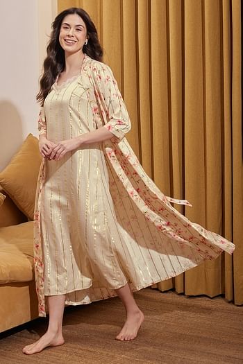 Back listing image for Chic Basic Long Night Dress & Pretty Florals Robe in Cream Colour - Satin