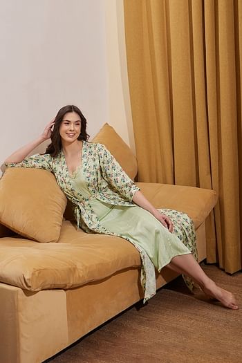 Back listing image for Chic Basic Long Night Dress & Pretty Florals Robe in Sage Green - Satin