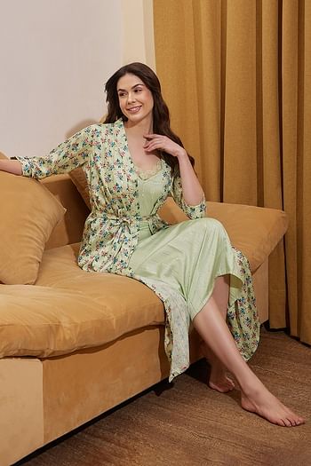 Front listing image for Chic Basic Long Night Dress & Pretty Florals Robe in Sage Green - Satin