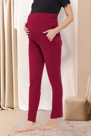 Clovia Chic Basic Maternity Leggings in Maroon - Cotton