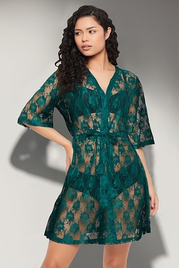 Front listing image for Chic Basic Sheer Robe in Ocean Green - Lace