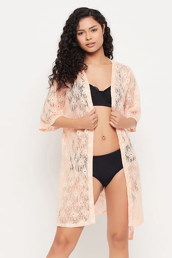 Back listing image for Chic Basic Sheer Robe in Peach Colour - Lace