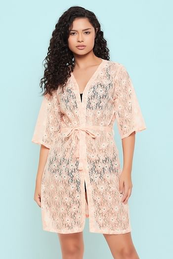Front listing image for Chic Basic Sheer Robe in Peach Colour - Lace