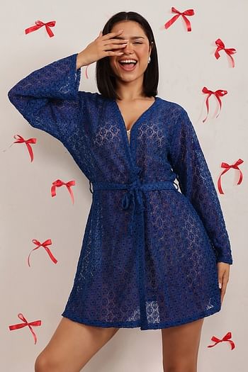 Front listing image for Chic Basic Sheer Robe in Royal Blue - Lace