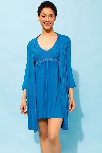 Front listing image for Chic Basic Short Night Dress & Robe Set in Cobalt Blue - Cotton