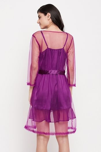 Back listing image for Short Night Dress & Robe Set in Wine Colour - Satin