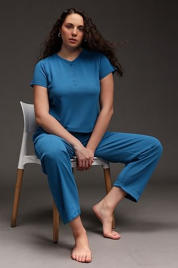 Front listing image for Chic Basic T-shirt & Pyjama Set in Blue - Waffle 
