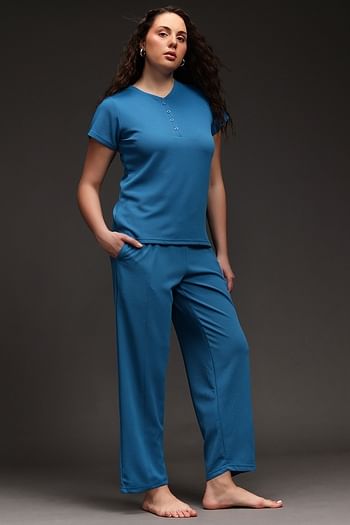 Back listing image for Chic Basic T-shirt & Pyjama Set in Blue - Waffle 