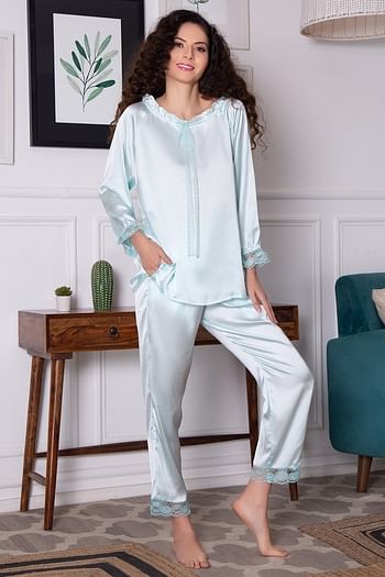 Back listing image for Chic Basic Top & Pyjama Set in Baby Blue - Satin