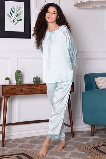 Front listing image for Chic Basic Top & Pyjama Set in Baby Blue - Satin