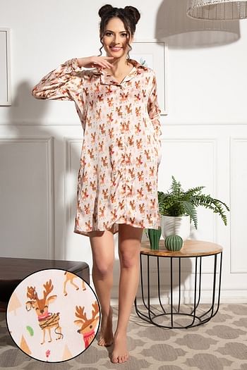 Front listing image for Christmas Print Button Down Sleep Shirt in White - Satin