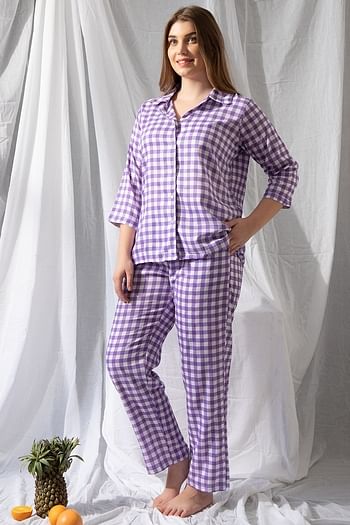 Front listing image for Classic Checks Button Down Shirt & Pyjama Set in Purple - Cotton Rich