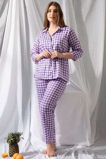 Back listing image for Classic Checks Button Down Shirt & Pyjama Set in Purple - Cotton Rich