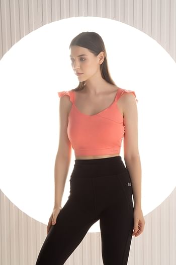 Back listing image for Comfort-Fit Active Crop Top in Peach Colour with Removable Pads	