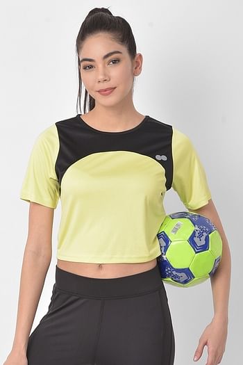Front listing image for Comfort Fit Active Cropped T-shirt in Yellow with Yoke Panel	