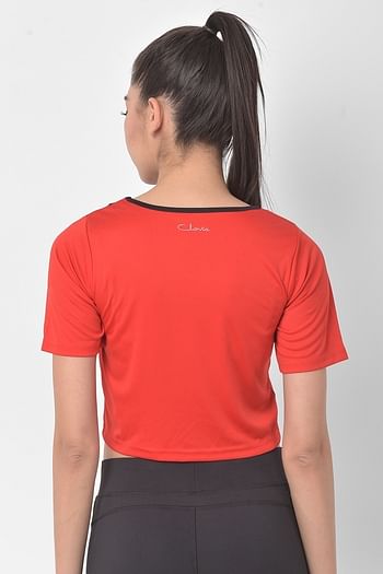 Back listing image for Comfort Fit Active Cropped T-shirt in Red with Yoke Panel	