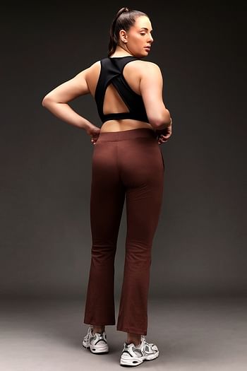 Back listing image for Comfort Fit High-Rise Flared Yoga Pants in Brown with Side Pockets