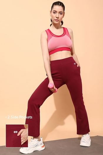 Front listing image for Comfort Fit High-Rise Flared Yoga Pants in Maroon with Side Pockets