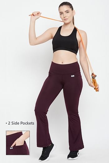 Front listing image for High Waist Flared Yoga Pants in Plum Colour with Side Pockets