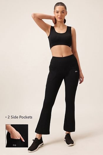 Front listing image for Comfort Fit High-Waist Ribbed Flared Yoga Pants in Black with Side Pockets