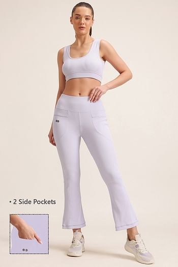 Front listing image for Comfort Fit High-Waist Ribbed Flared Yoga Pants in Lilac with Side Pockets