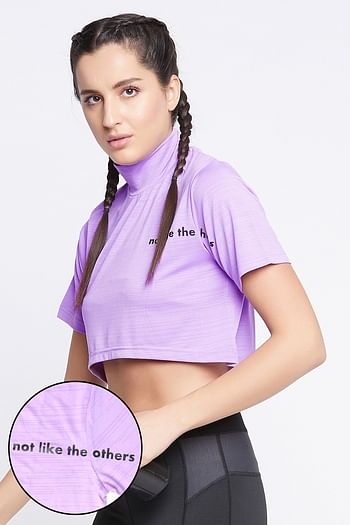 Front listing image for Comfort Fit Text Print Turtleneck Active Crop Top in Lilac	