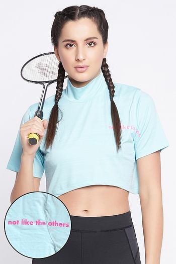 Front listing image for Comfort Fit Text Print Turtleneck Active Crop Top in Sky Blue	