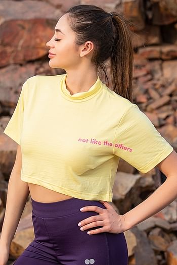 Front listing image for Comfort Fit Text Print Turtleneck Active Crop Top in Yellow	