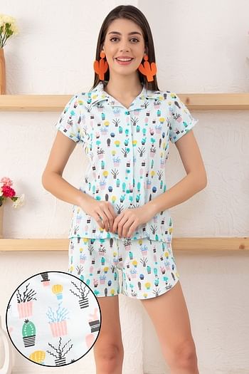 Front listing image for Cool Cactus Button Down Shirt & Shorts Set in Sky Blue - 100% Cotton