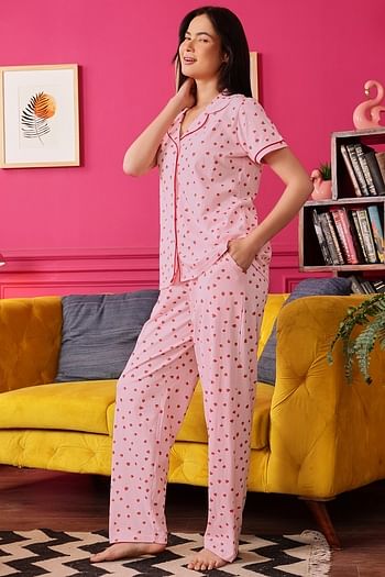Back listing image for Strawberry Print Button Down Shirt & Pyjama Set in Baby Pink - 100% Cotton
