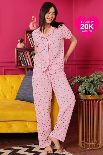 Front listing image for Strawberry Print Button Down Shirt & Pyjama Set in Baby Pink - 100% Cotton