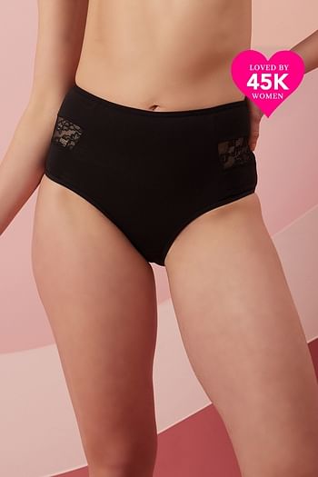 Front listing image for High Waist Hipster Panty in Black with Lace Panel - Cotton