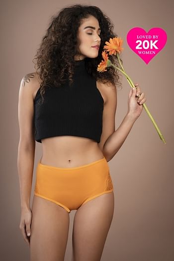 Front listing image for High Waist Hipster Panty in Orange with Lace Panels - Cotton