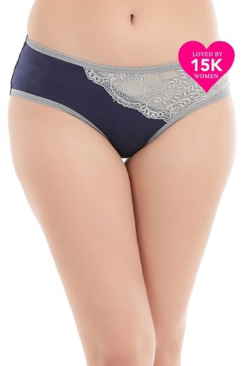 Front listing image for Cotton Mid Waist Hipster Panty with Lace Panel In Blue