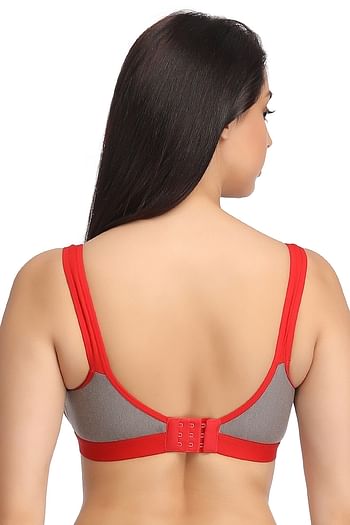 Back listing image for Supportz Non-Padded Non-Wired Colorblocked Full Coverage Bra in Red & Grey - Cotton