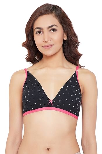 Front listing image for Cotton Rich Non-Padded Non-Wired Star Print Bra In Black