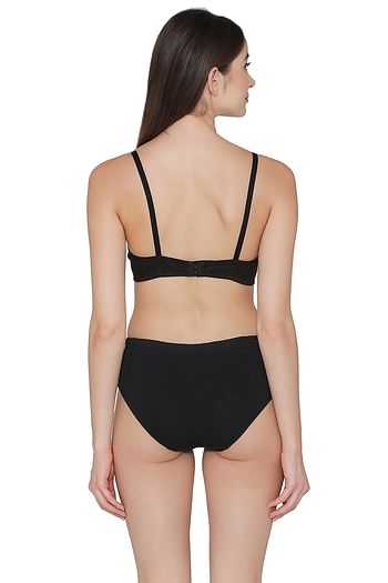 Back listing image for Cotton Rich Non-Padded Non-Wired T-shirt Bra & Hipster Panty Set in Black