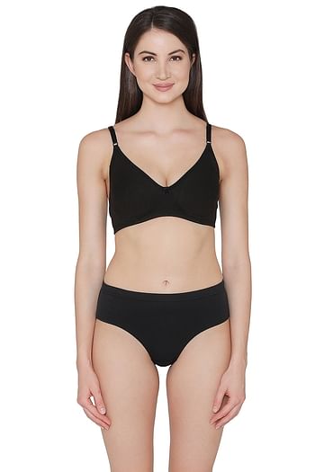 Front listing image for Cotton Rich Non-Padded Non-Wired T-shirt Bra & Hipster Panty Set in Black
