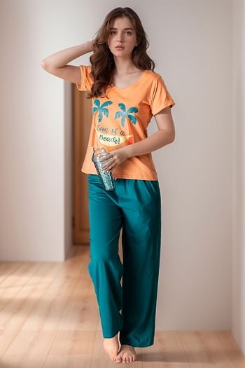 Front listing image for Graphic Print Top & Chic Basic Pyjama Set in Orange Colour - Cotton 