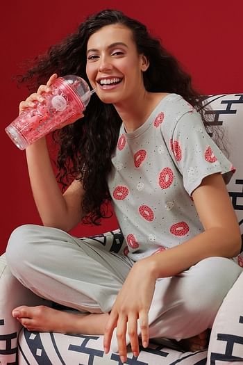 Front listing image for Donut Print Top & Solid Pyjama Set in Grey - 100% Cotton