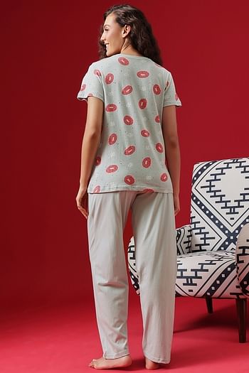 Back listing image for Donut Print Top & Solid Pyjama Set in Grey - 100% Cotton