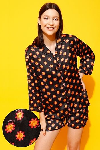 Back listing image for Emoji Print 3 Piece Nightwear Set in Black - Satin