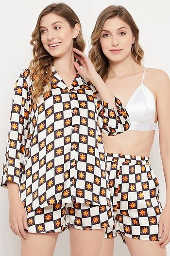 Front listing image for Emoji Print 3 Piece Nightwear Set in White - Satin