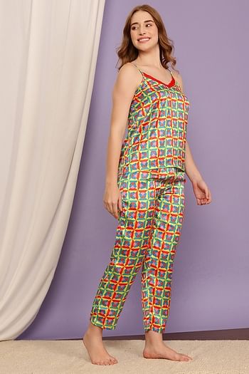 Back listing image for Emoji Print Cami Top & Pyjama Set in Multicolour - Satin