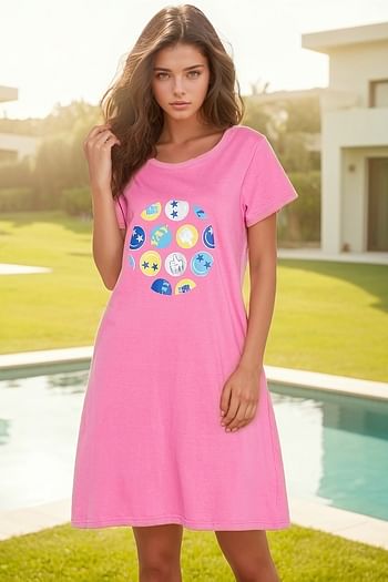 Front listing image for Emoji Print Short Night Dress in Light Pink - 100% Cotton