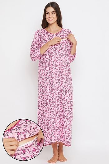 Front listing image for Feeding Print Me Pretty Long Nighty in Light Pink - 100% Cotton