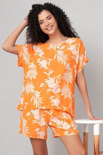 Front listing image for Floral & Leaf Print Top & Shorts Set in Light Yellow - Rayon