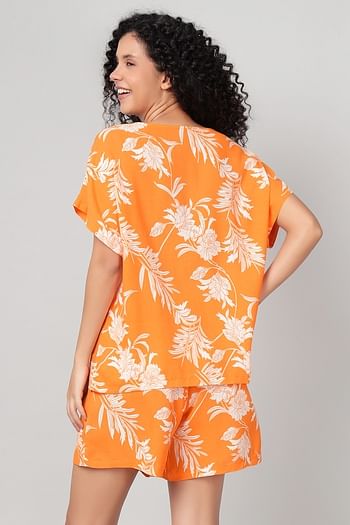 Back listing image for Floral & Leaf Print Top & Shorts Set in Light Yellow - Rayon